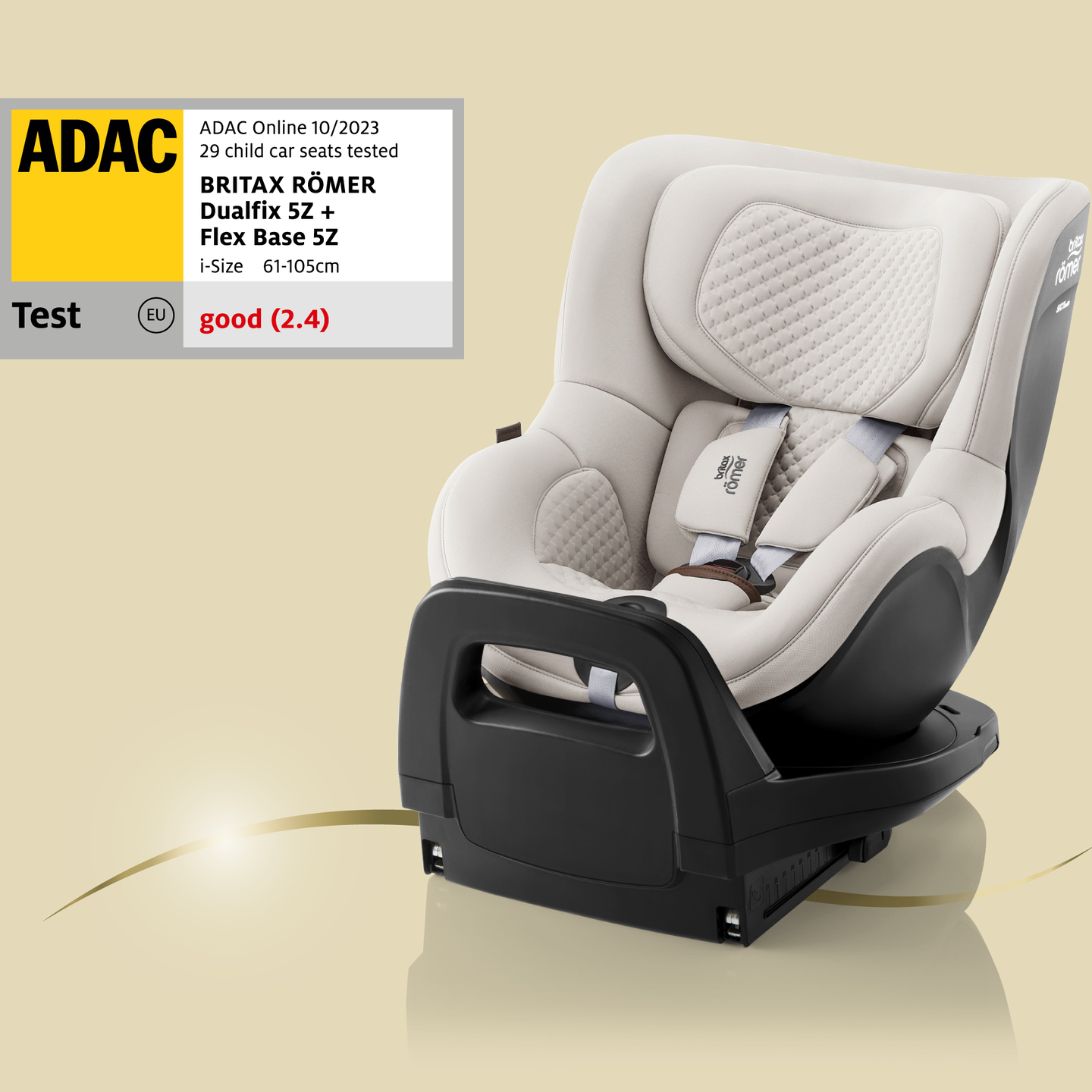Si&egrave;ge-auto pivotant &agrave; 360&deg; Britax R&ouml;mer DUALFIX 5Z avec base FLEX BASE 5Z ; &agrave; c&ocirc;t&eacute;, un label de test ADAC avec la mention bon (2,4).